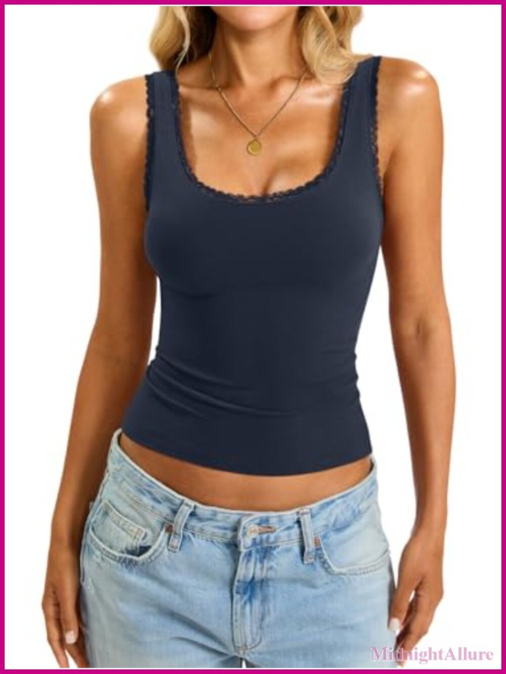 Lace Trim Cotton Spandex Sleeveless Scoop Neck Fitted Tank Top